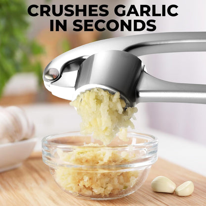 Zulay Kitchen Premium Garlic Press Set - Rust Proof Professional Garlic Mincer Tool - Easy-Squeeze, Easy-Clean with Soft, Ergonomic Handle - Silicone Garlic Peeler & Brush (Silver)