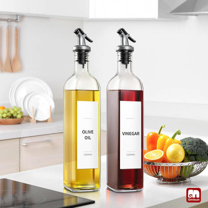 gmisun Olive Oil Dispenser for Kitchen, 4 Pack 17 fl oz Glass Oil Dispensers Bottle, Cooking Soy Sauce Bottle Container Cruet with Plastic Pourer Spout, Funnel and Labels, Clear