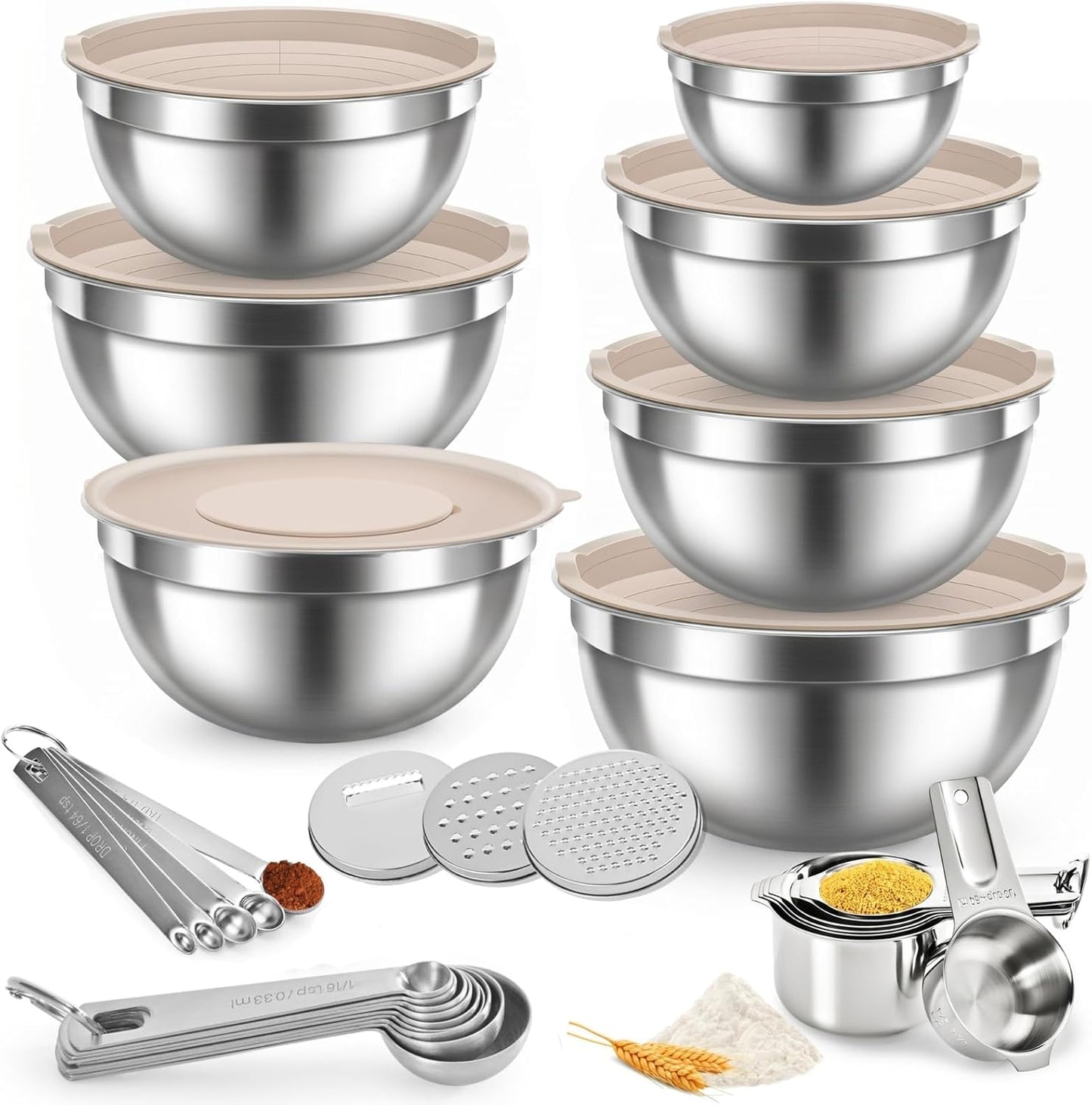 31PCS Mixing Bowls with Lids Set, 5.5QT to 0.6QT Stainless Steel Nesting Bowls with Graters, Large Khaki Bowls & 21 Measuring Cups and Spoons Set Kitchen Appliances for Mixing, Baking, Food Storage