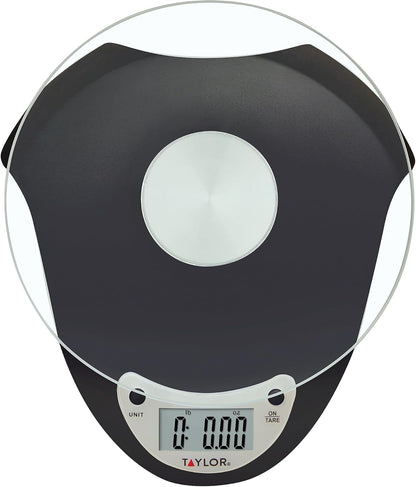 Taylor Digital Kitchen Scale with Glass Platform, Tare Button, and Plastic Body Weighs up to 11 Pounds Capacity, White
