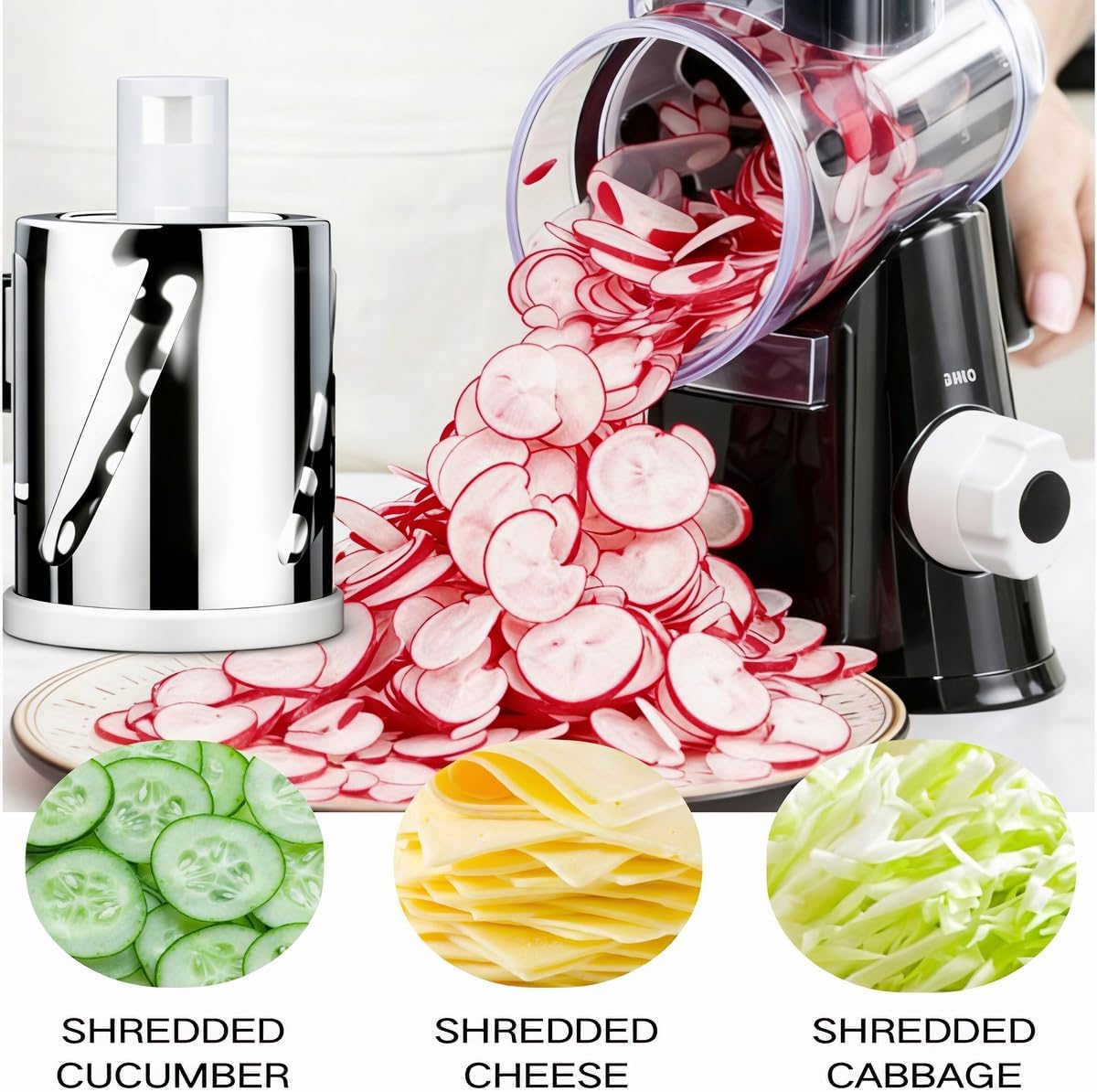 3-in-1 Rotary Cheese Grater, Hand Crank Shredder with 3 Interchangeable Blades for Cheese, Veggies, Nuts, Black
