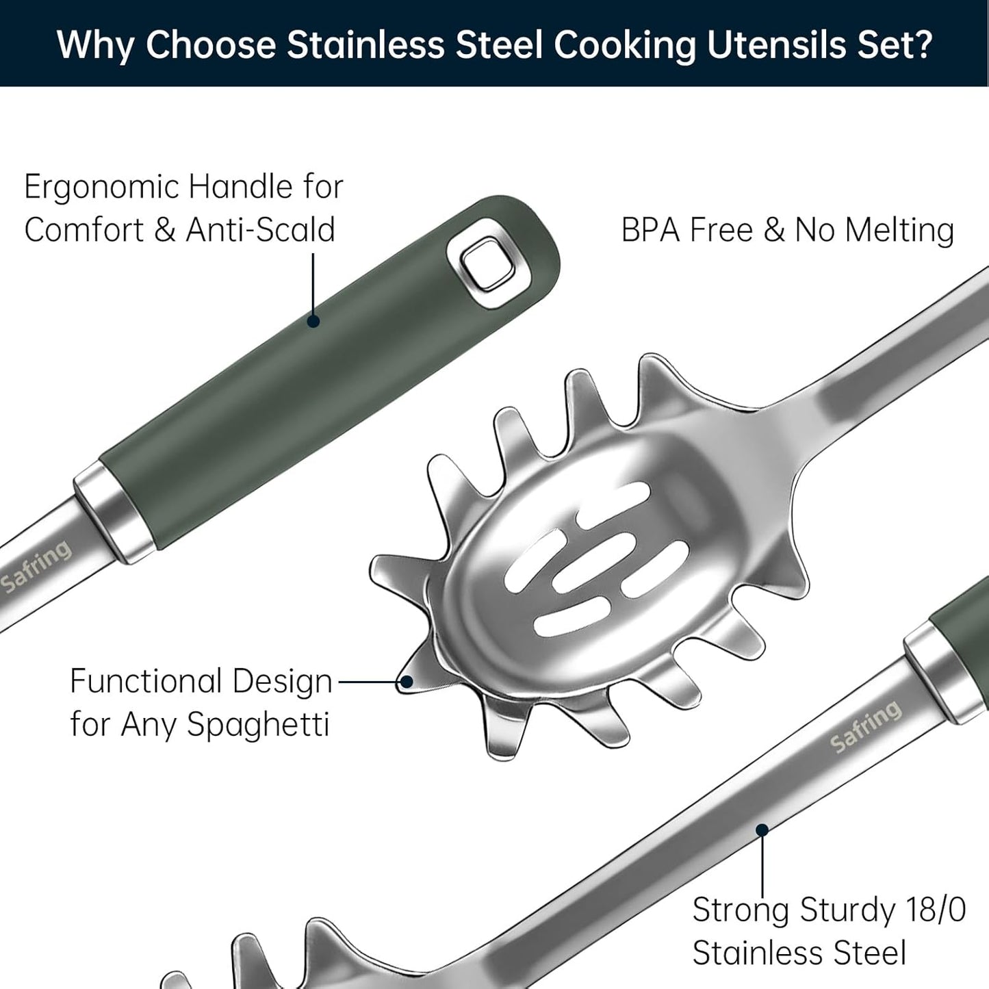 Safring Stainless Steel Soup Ladle and Spaghetti Spoon Set, Heat Resistant Rubber Handle, Dishwasher Safe, Kitchen Utensils for Cooking, Stirring, Serving Pasta, Soup & Sauce