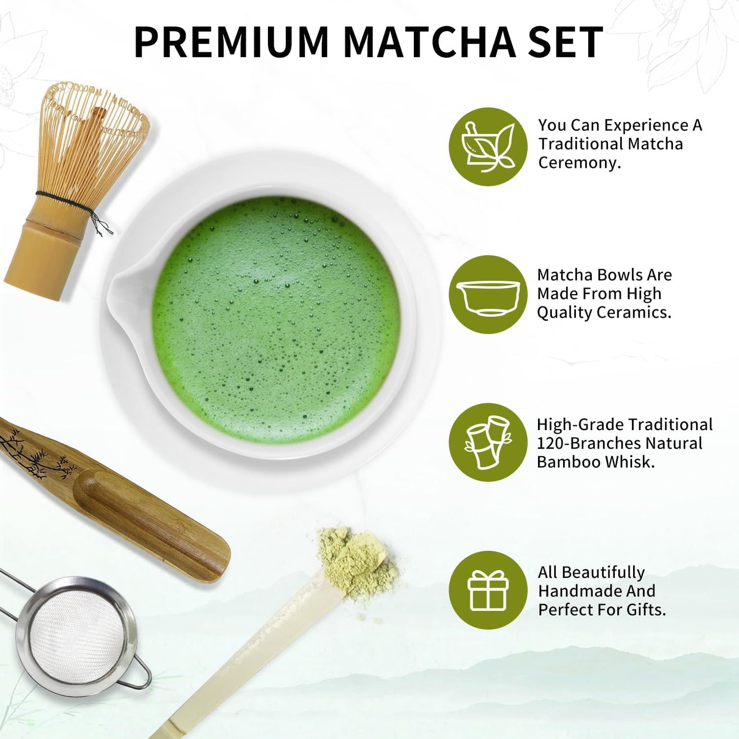 Matcha Whisk Set, Matcha Bowl with Spout, Bamboo Whisk, Scoop, Sifter, Whisk Holder – Home & Kitchen Décor, Perfect for Christmas, Birthdays