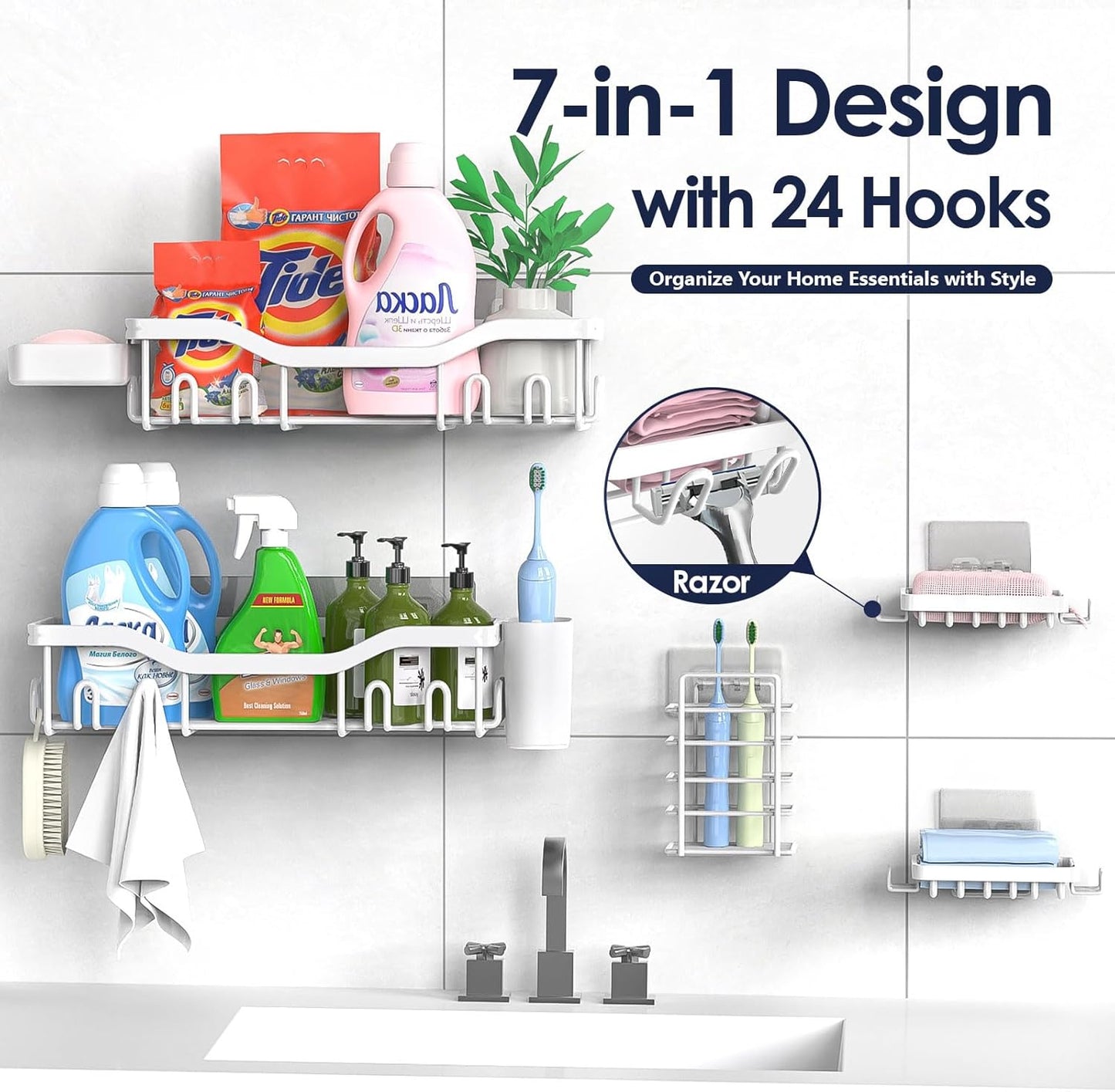 NESOMI Shower Caddy Adhesive Shower Organizer 7-Pack, Rustproof Stainless Steel Bathroom Shelves, Large Capacity No-Drill Rack Storage Accessories with Soap Dish Toothbrush Holder &24 Hooks Home Decor