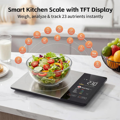 TFT Dual Display Smart Nutrition Scale with App, Tracks Calories, Fat, Carbs & Protein, 1g Precision, 5kg/11lb, 50 Foods 24 Nutrients, for Meal Prep, Keto & Healthy Diet