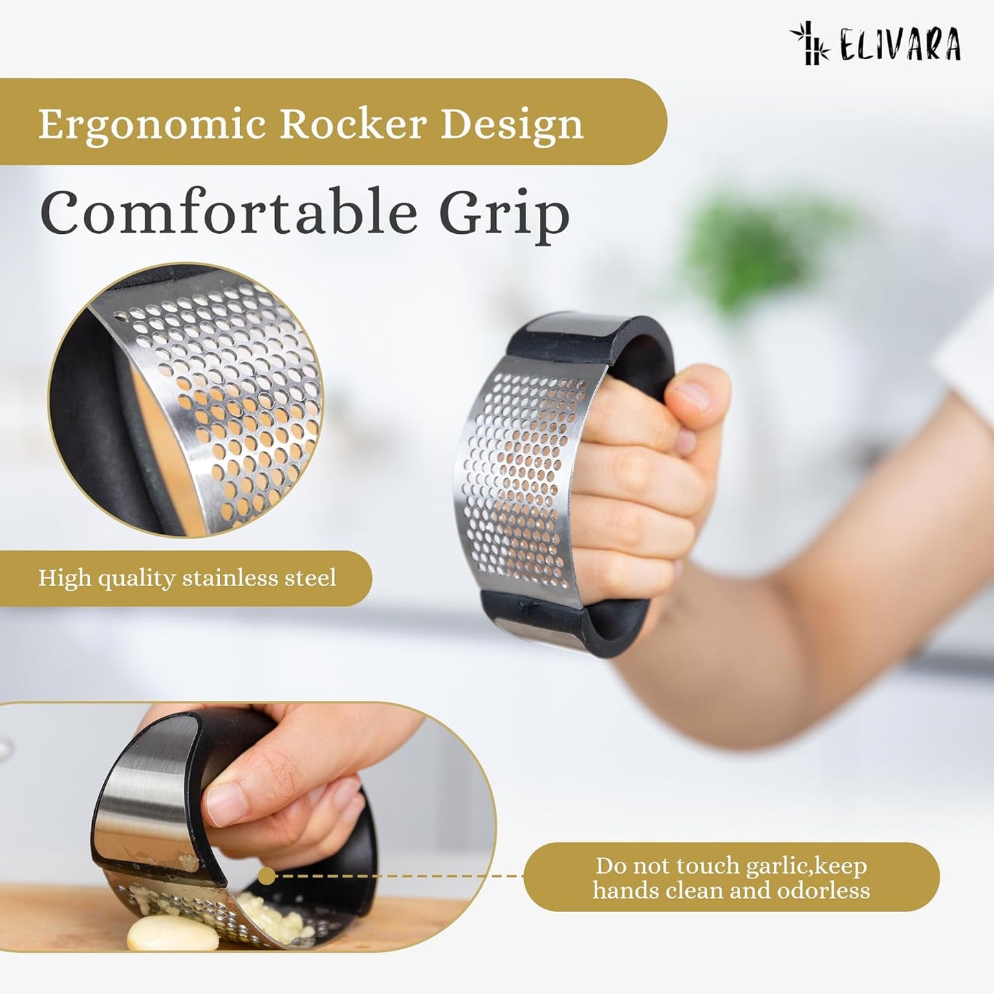 Stainless Steel Garlic Press Rocker Set (Black) - Includes Silicone Peeler and Cleaning Brush for Effortless Garlic Mincing