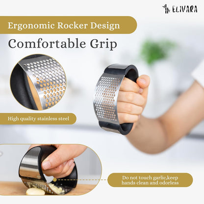 Stainless Steel Garlic Press Rocker Set (Black) - Includes Silicone Peeler and Cleaning Brush for Effortless Garlic Mincing