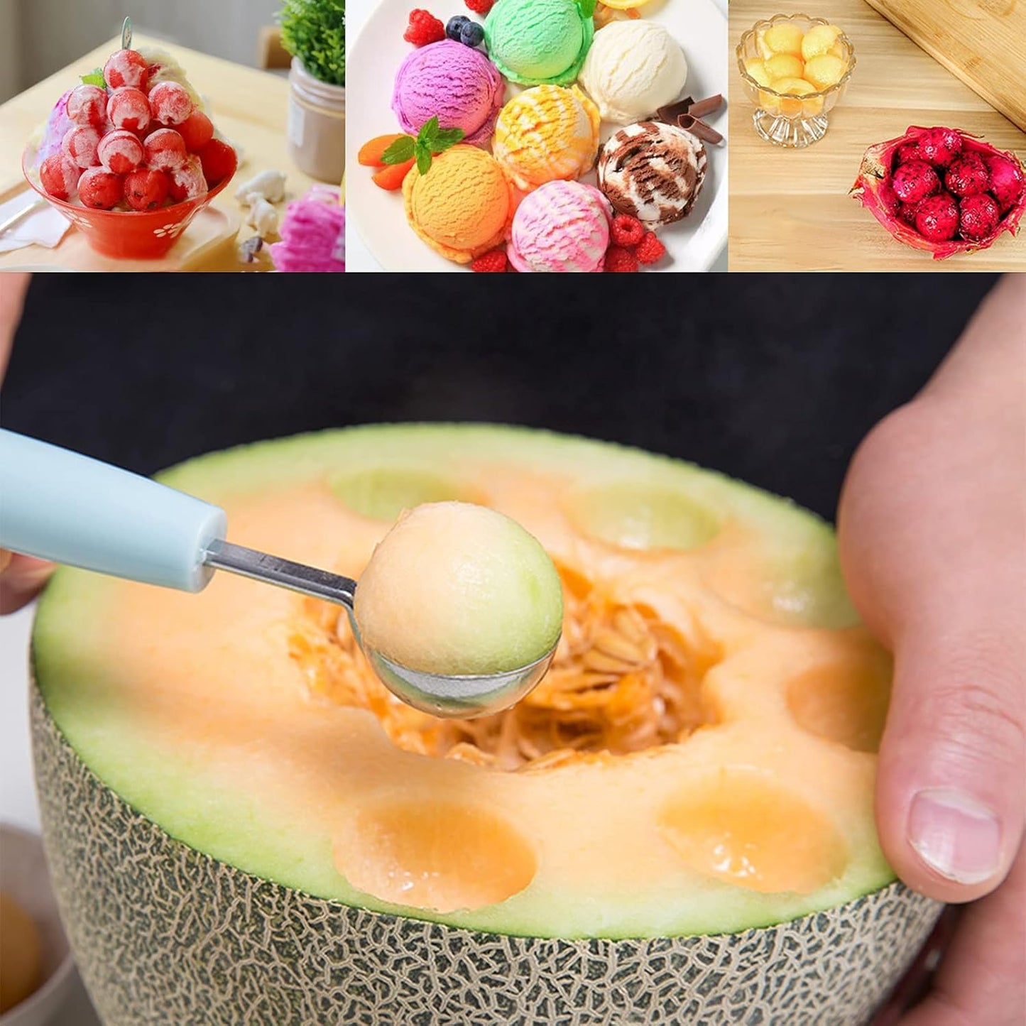 2 Pack Melon Baller Scoop,Stainless Steel Fruit Decoration Carving Knife,Melon Watermelon Cantaloupe Ice Cream Sorbet Dessert Dual Function Ball Spoon for Kitchen Tools