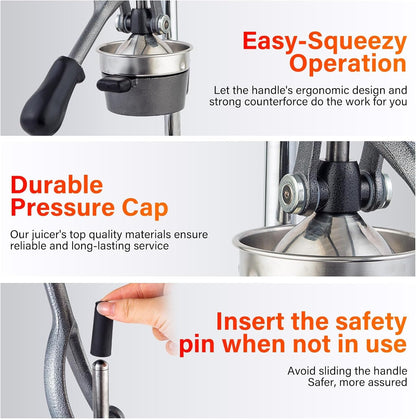 Manual Cast Iron Juicer, Commercial Lemon Squeezer, Professional Citrus Juicer, Ideal for Extracting Juice From Lemons, Oranges, and Grapefruits. Easy to Clean. (Black)