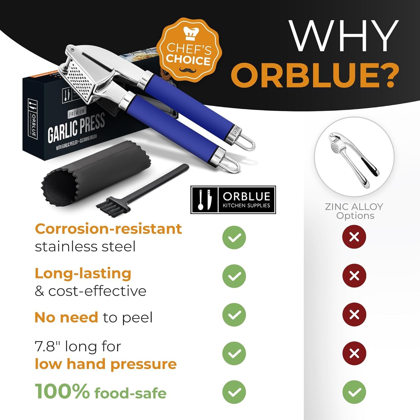 ORBLUE Garlic Press Stainless Steel - Premium Professional Grade Garlic Mincer, Crusher & Peeler Set - Easy Clean, Dishwasher Safe & Rust-proof