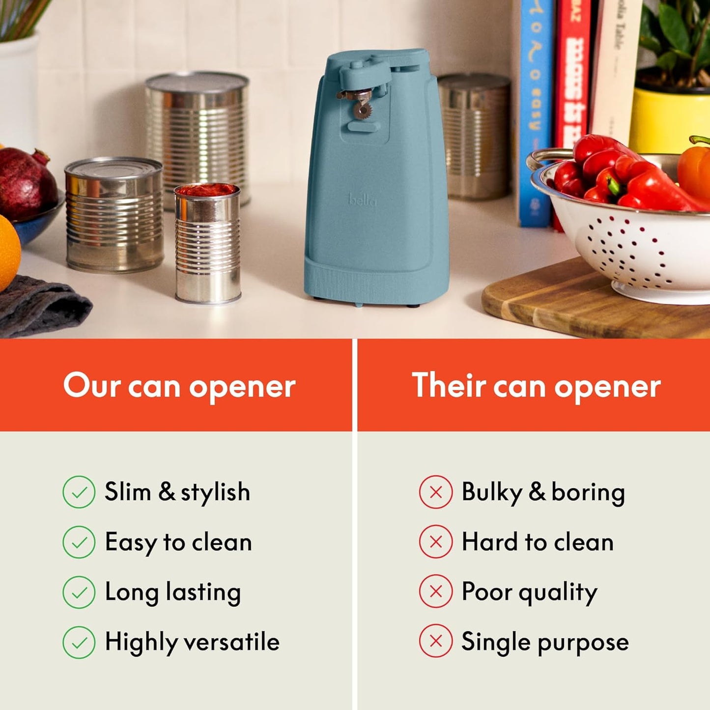 bella Electric Can Opener and Knife Sharpener, Removable Cutting Lever, Cord Storage, Stainless Steel Blade, Sage