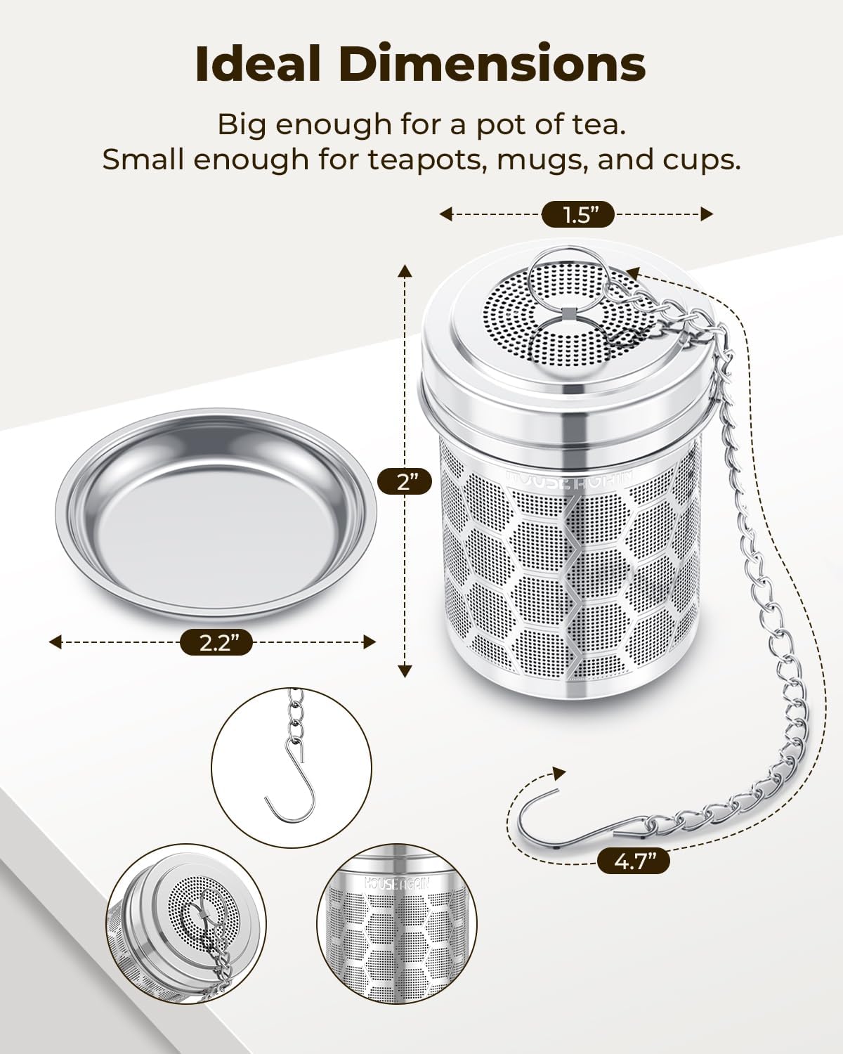 House Again Large Tea Infuser, Extra Fine Mesh Tea Strainers for Loose Tea, 18/8 Stainless Steel Tea Strainer with Extended Chain Hook, Tea Steeper for Brew Tea, Spices & Seasonings, for Multi Cups