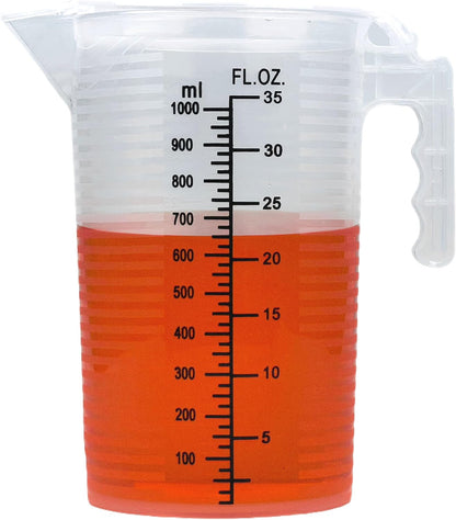 Measuring cups 35oz (1000 mL), Plastic, Multipurpose - Great for Chemicals, Oil, Pool and Gardening - Ounce (oz) and Milliliter (mL)