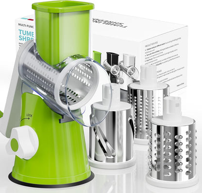 Cheese Grater Hand Crank, Rotary Cheese Shredder with 3 Interchangeable Blades for Coarse, Fine Shredding and Slicing, Strong Suction Base for Pizza, Pasta, Salad, Vegetables, Nuts, Chocolate