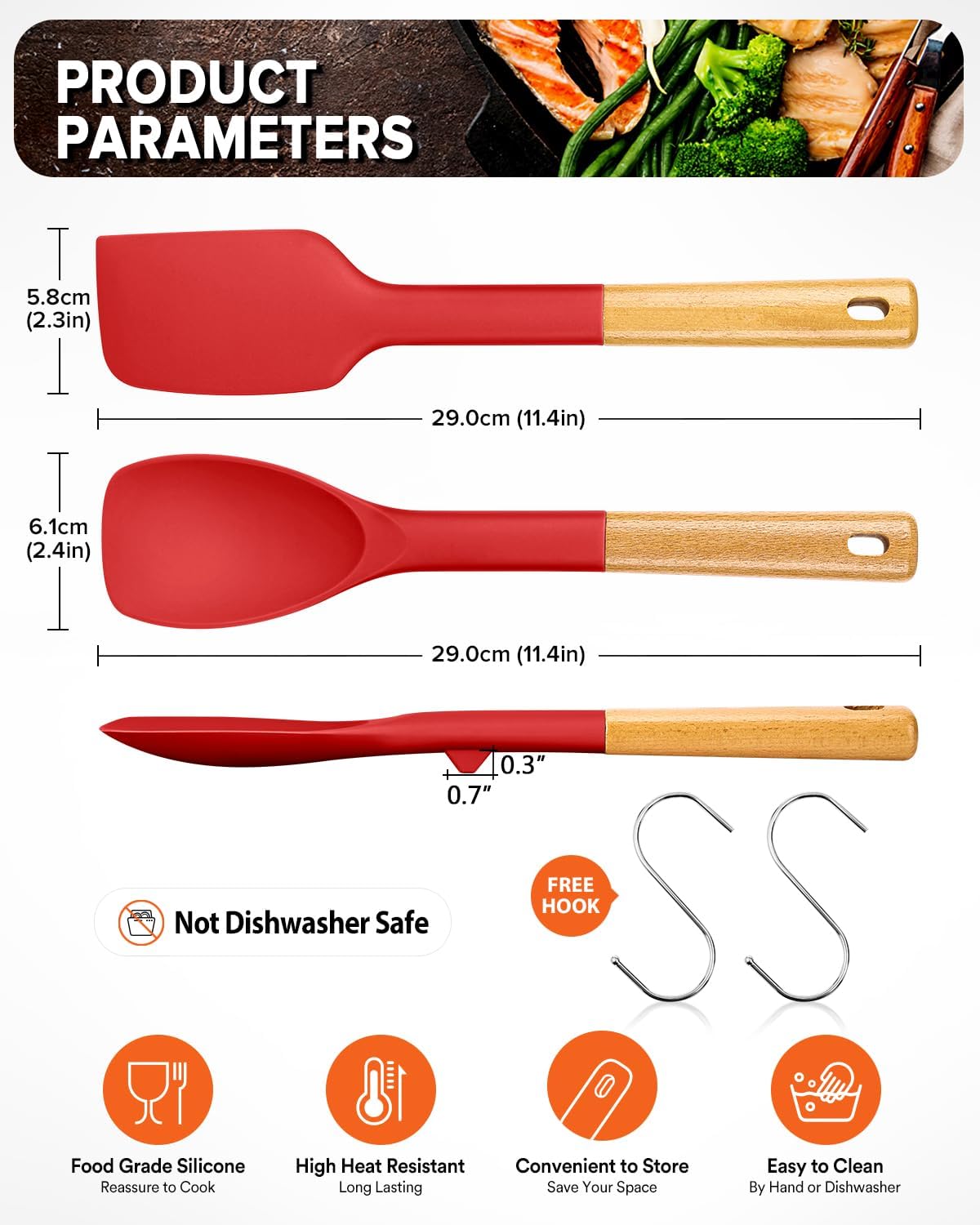 Silicone Spatula and Spoonula Set, Great For Stirring, Tough Mixing and Folding, Sturdy Bpa-Free Matte Silicone, Wooden Handle Rubber Scraper For Nonstick Cookwares (Grey)