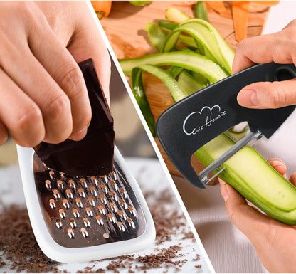 Kitchen Gadgets Set 5 Pieces, Space Saving Cooking Tools Kitchen Accessories - Fruit/Vegetable Peeler, Cheese/Chocolate Grater, Bottle Opener, Pizza Cutter, Garlic/Ginger Grinder Gift Set (Black)