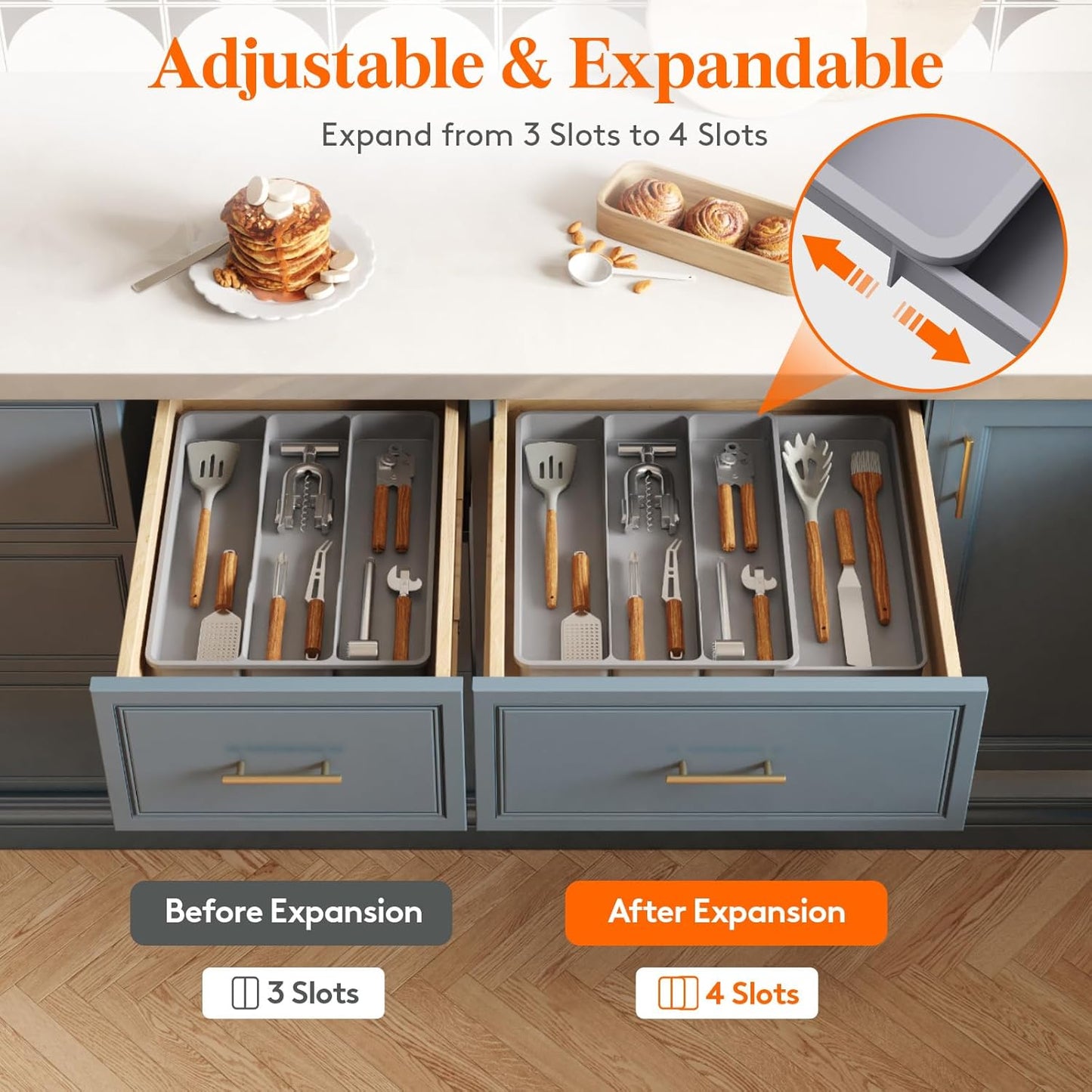 Lifewit Utensil Organizer for Kitchen Drawer, Expandable Cooking Silverware Tray, Adjustable Cutlery Flatware Holder, Plastic Spatula Tools Storage Divider, 14.4 x 15.8", Black