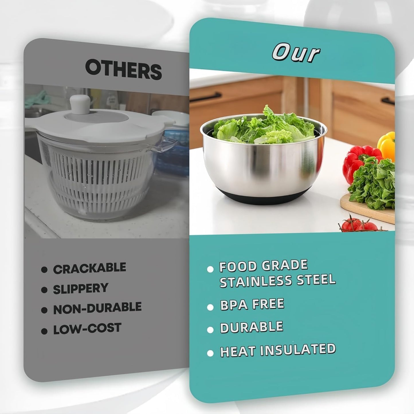 Stainless Steel Salad Spinner, Salad Spinners Large, Lettuce Spinner, with Drainage Basket Drainage Outlet, Used for Cleaning and Drying Vegetables Food and Fruits Quick Spin Vegetable Fruit Spinner