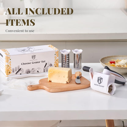 Manual Rotary Cheese Grater Set with ABS Body, 3 Stainless Steel Drums, Roller, Spatula, Cleaning Brush & Protective Gloves for Home Kitchen Use – HEAVEN TRADING