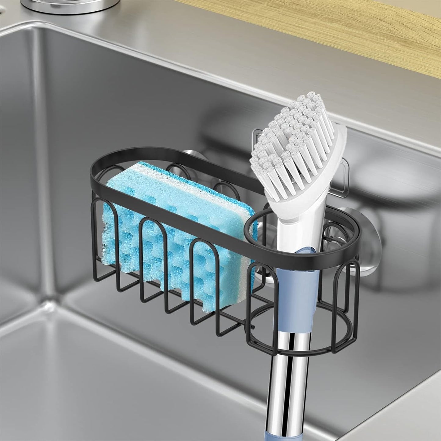2-in-1 Sponge Holder for Kitchen Sink, Sink Caddy Kitchen Sink Organizer with 3 Suction Cups, No Drill Rustproof Sink Sponge Holder for Dish Brush, Soap & Sponge (Silver)
