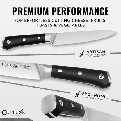 Cutluxe Serrated Kitchen Utility Knife - 5" Tomato Knife – Ultra Sharp Blade, Ergonomic Handle, Full Tang, Forged High Carbon German Steel – Artisan Series