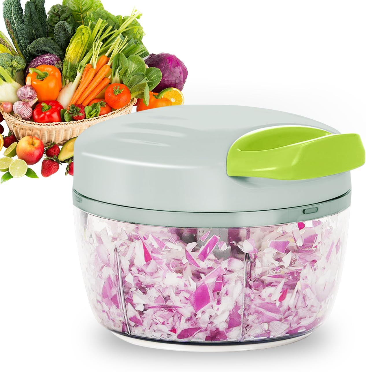 Manual Food Processor Vegetable Chopper 2.3 Cup Small Mini Hand Pull String Onion Chopper Garlic Mincer Cutter with 3 Stainless Steel Blades (Grey, 550 ml)