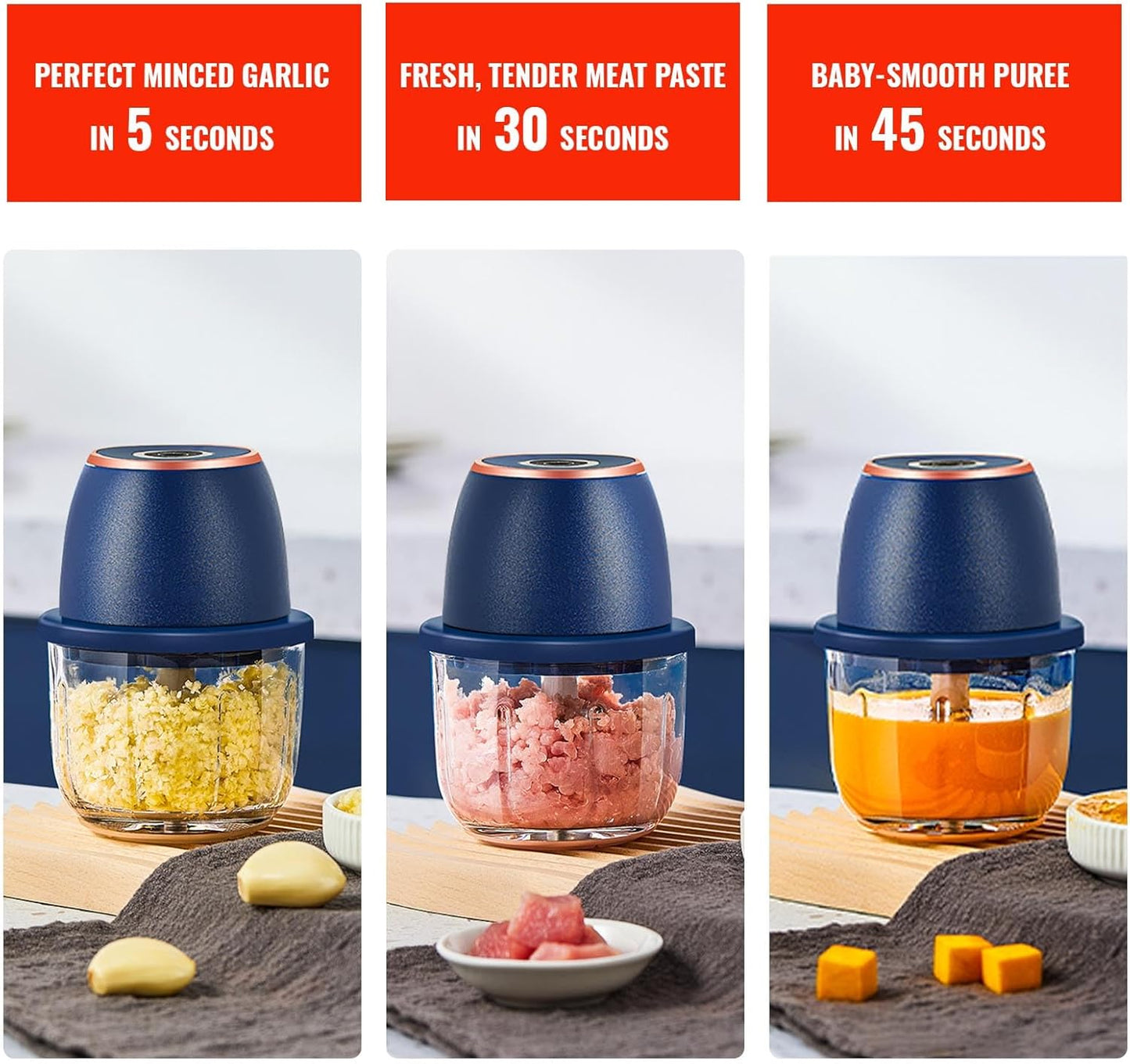 Electric Garlic Chopper 350ml, Powerful Portable Mini Food Processor, 1 Head 6 Blades, 1200mAh USB Rechargeable One-Touch Mincer for Garlic, Onion & Herbs, Auto Shut-Off, Noise-Reducing Base(Blue)