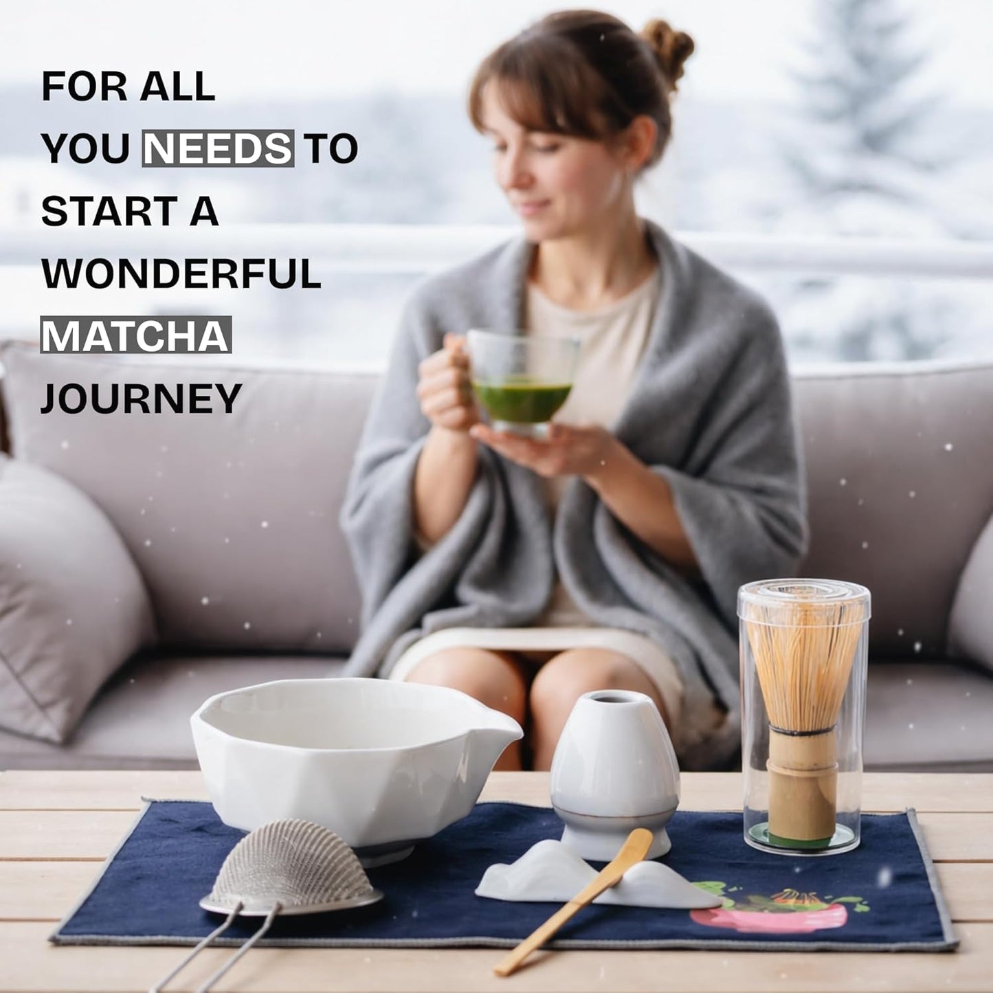 8-Piece Matcha Whisk Set with Bowl, Bamboo Matcha Whisk, Whisk Holder, Scoop & Sifter, Traditional Matcha Kit for Ceremonial Matcha Tea & Lattes, Green