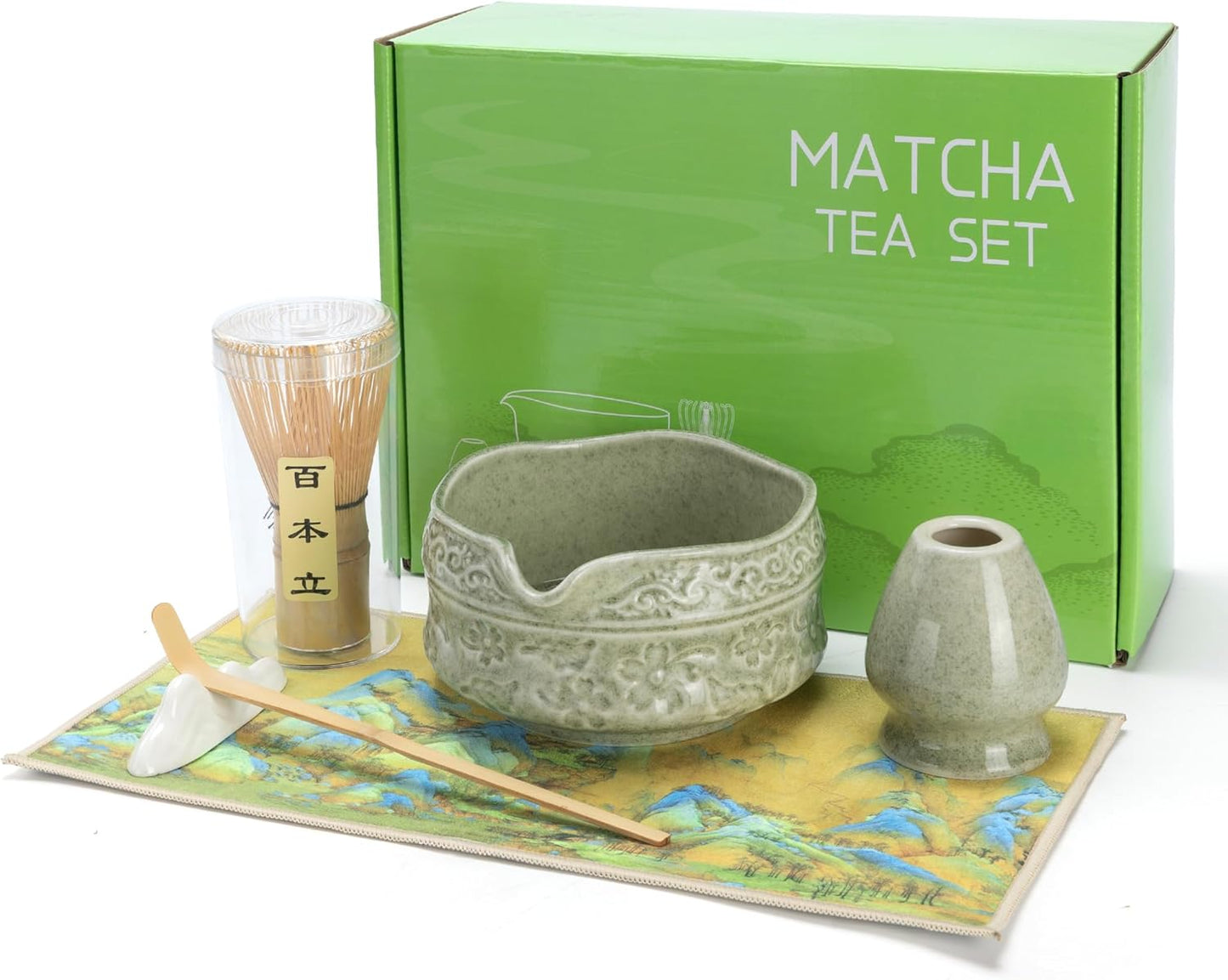 Matcha Whisk Set -7 Pcs Ceramic Matcha Kit Includes Matcha Bowl,Holder,Matcha Sifter, Bamboo Whisk (Chasen),Matcha Spoon and Scoop and Tea Towel,Matcha Kit for Matcha Lovers(Cyan)