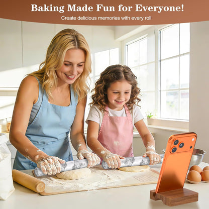 French Rolling Pin for Baking, FiiMan 12 Inch Marble Rolling Pins with Wooden Stand, Heavy Stone French Polished Non-Stick Roller Pins For Baking Cookie Pizza Pastry (Black)