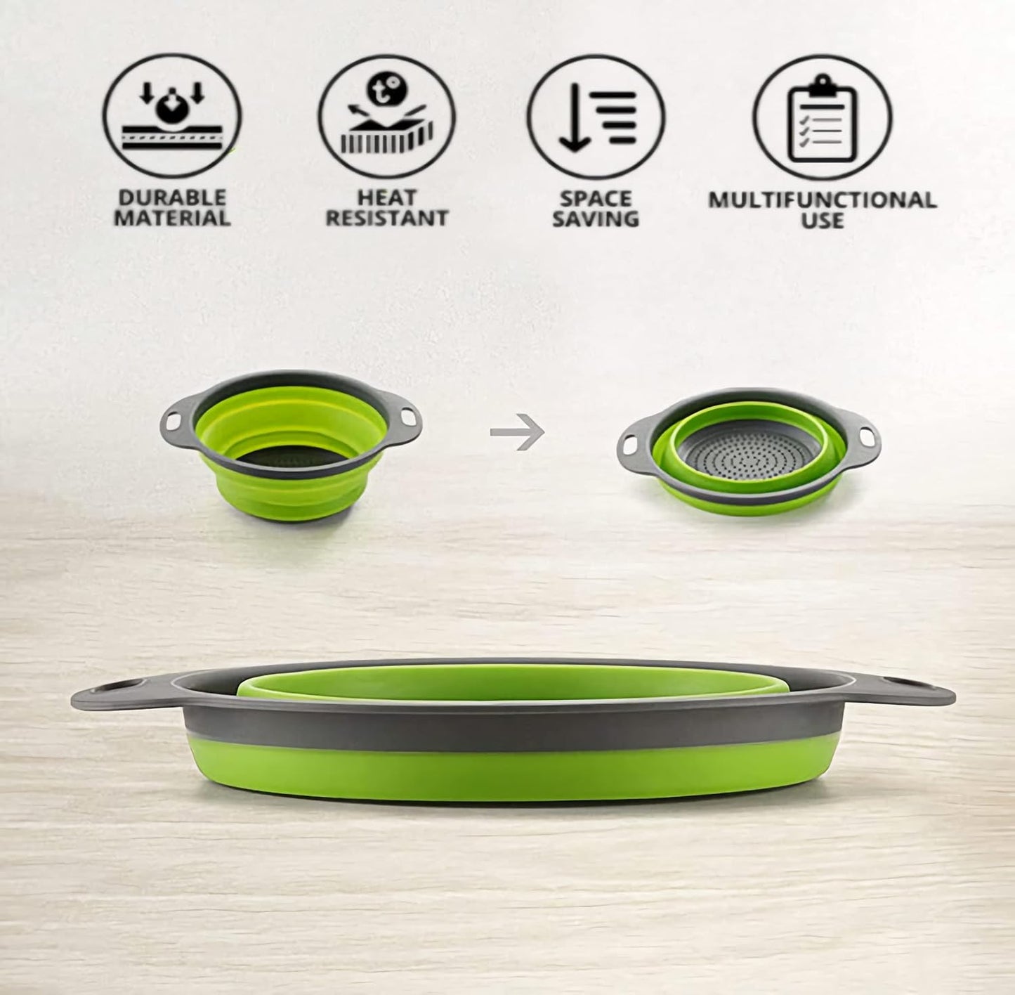 Collapsible Colander Set, Food-Grade Silicone Kitchen Filter, Kitchen Strainer Colander with Extendable Handles for Draining Pasta, Vegetable and Fruit