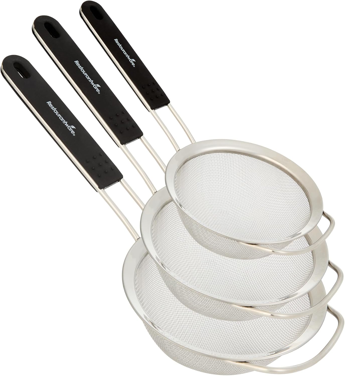 Restaurantware Fine Mesh Strainer Set of 3 Different Sizes with Silicone Handle Stainless Steel Extra Fine Mesh Strainer Heat-Resistant Handle Dishwasher-Safe for Rice, Quinoa, Pasta