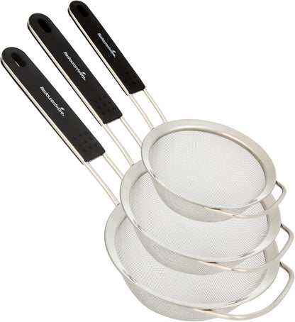 Restaurantware Fine Mesh Strainer Set of 3 Different Sizes with Silicone Handle Stainless Steel Extra Fine Mesh Strainer Heat-Resistant Handle Dishwasher-Safe for Rice, Quinoa, Pasta