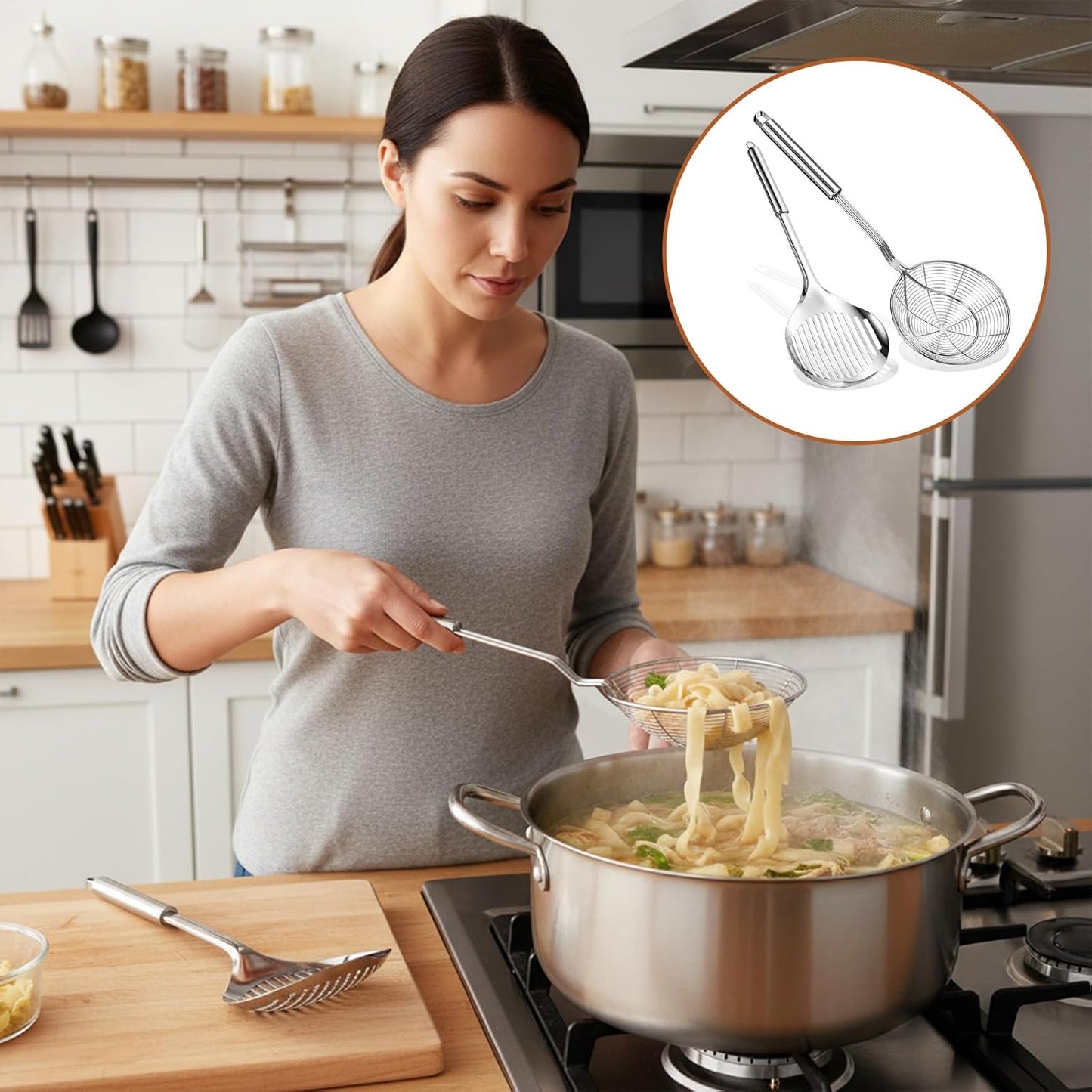 2Pcs Versatile Stainless Steel Spider Strainer Solid Kitchen Strainer Ladle with Long Handle, Kitchen Gadgets for Cooking and Frying, Ladle Spider Strainers Skimmer for Pasta, Noodle, Spaghetti