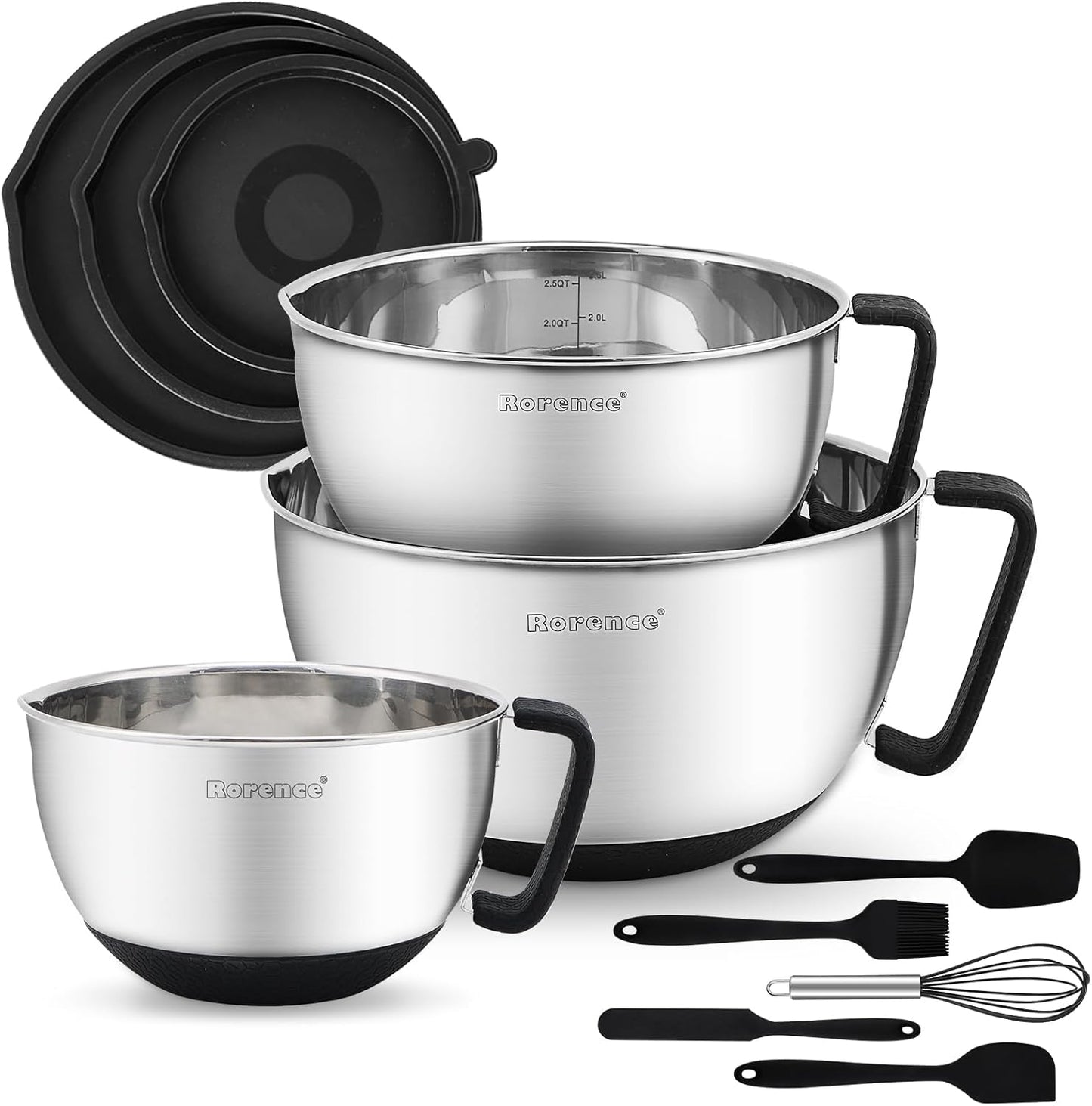 Rorence Stainless Steel Mixing Bowls: Metal Mixing Bowl Set with Lids and Handles Non-slip Silicone Bottom Nesting Bowls for Kitchen Set of 3 - Red