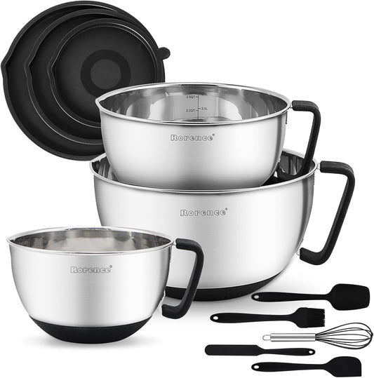 Rorence Stainless Steel Mixing Bowls: Metal Mixing Bowl Set with Lids and Handles Non-slip Silicone Bottom Nesting Bowls for Kitchen Set of 3 - Red