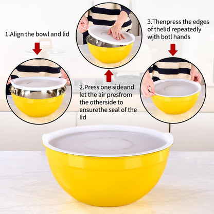 Red Mixing Bowls with Lids Set of 7, Stainless Steel Nesting Bowl with Khaki Lid for Non-slip Mixing Prepping Storing Serving, 7 Sizes-7/3.6/2.7/2.1/1.5/1/0.8 QT
