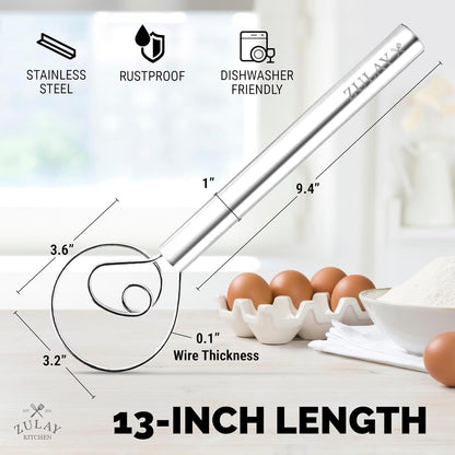 Zulay Kitchen 13-Inch Danish Dough Whisk - Stainless Steel Wooden Whisk with Dough Hook - Sourdough Whisk for Bread, Pizza, Pastry, Cake Batter & More - Wood