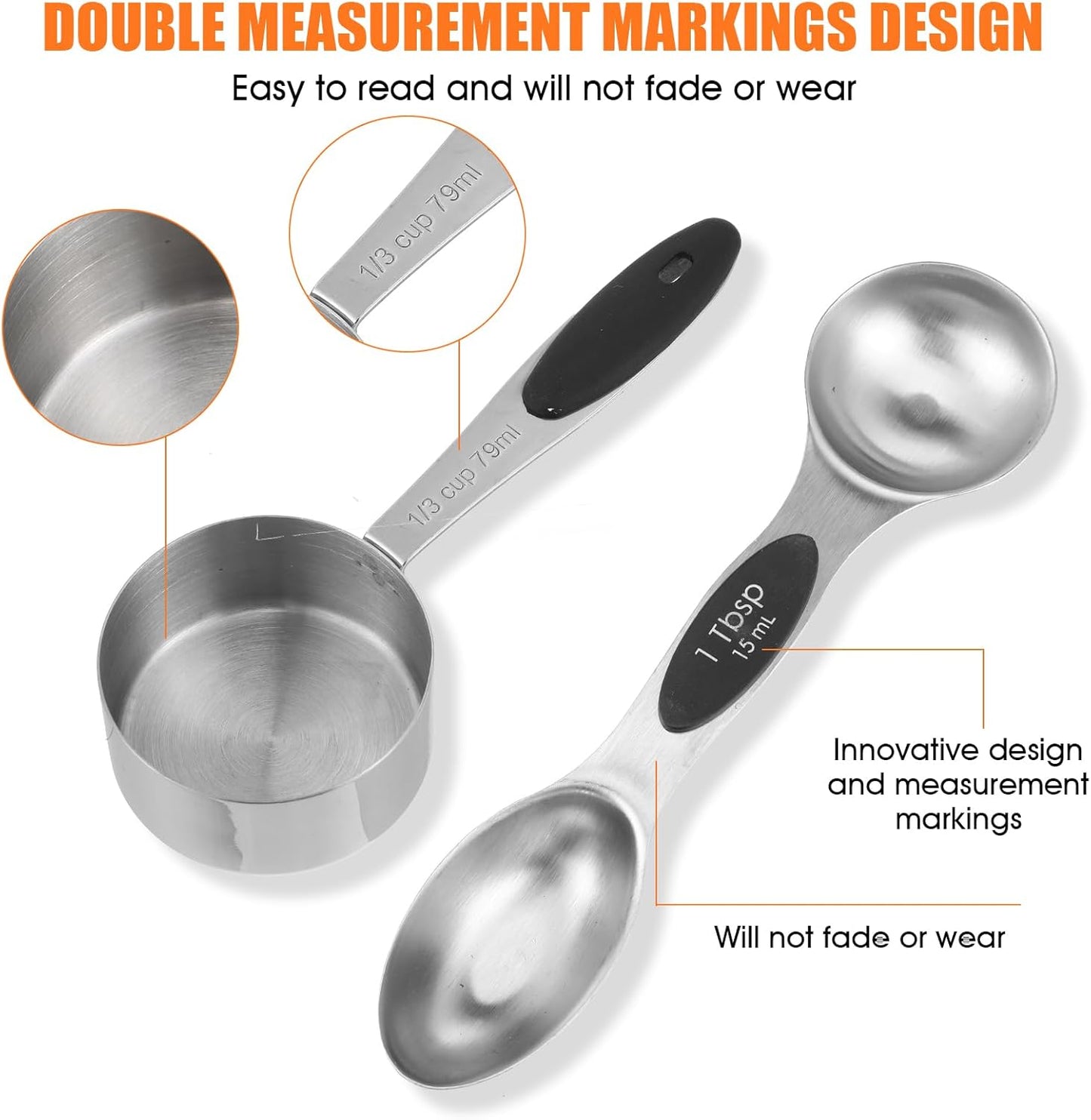17PCS Measuring Cups and Magnetic Spoons Set, 8 Measure Cups with Silicone Handle, 8 Double Sided Measure Spoons and 1 Leveler, Stackable Stainless Steel Kitchen Gadgets for Cooking & Baking