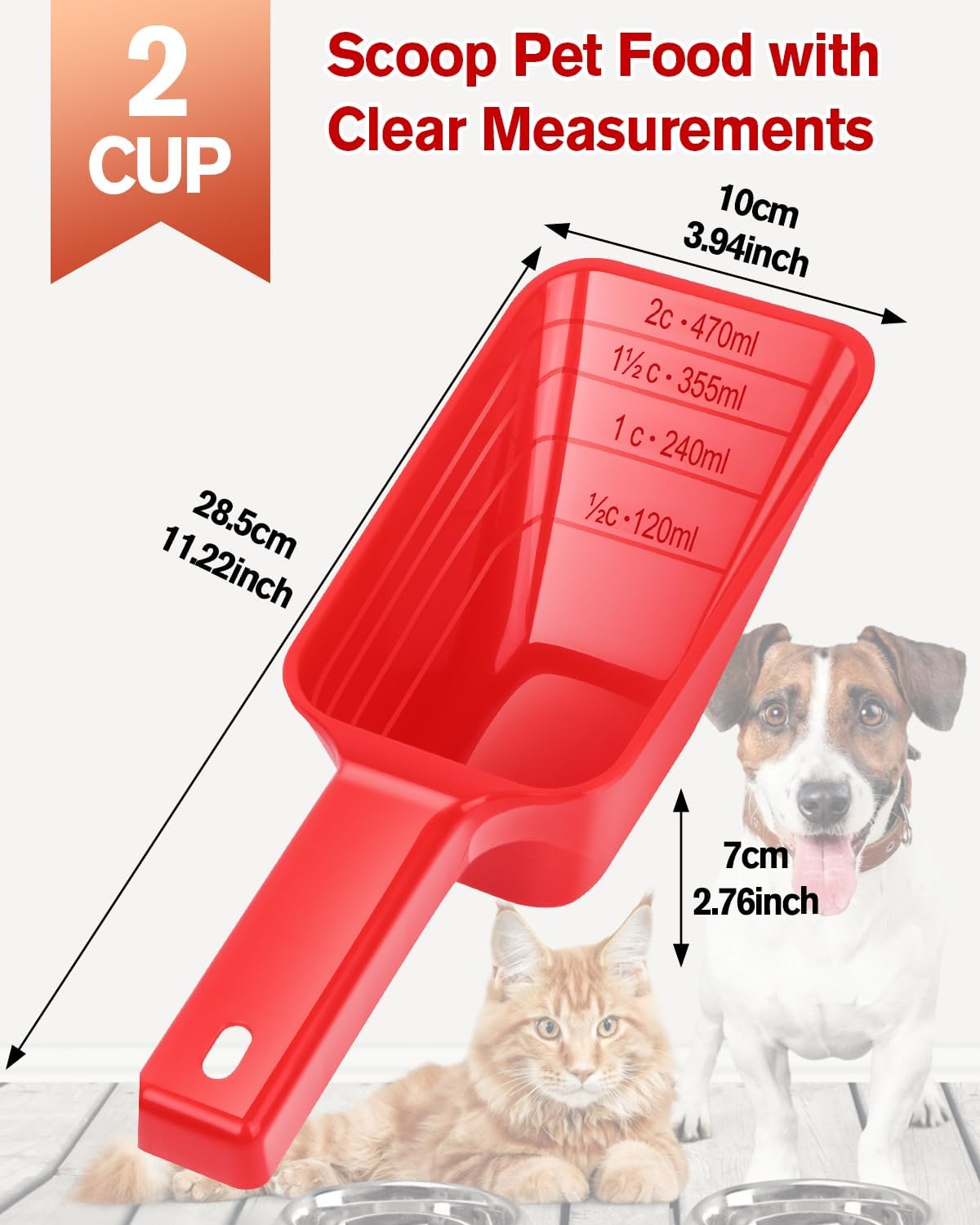 2 Cup Dog Food Scoop(2 Pack), Plastic Pet Food Scoop with Measuring Lines for Accurate Pet Food Portions,Dishwasher Safe (Grey and Pink)