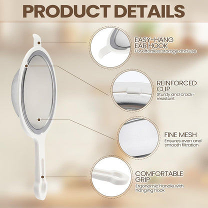 LemonRoad Set of 3 Stainless Steel Mesh Strainer 304 Fine Mesh Filters with Ergonomic Handles and Hanging Ears for Oil Filter Skimming Grease and Foam(White)