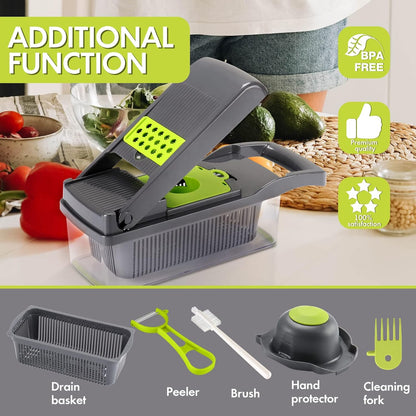 Ourokhome Vegetable Chopper Onion Cutter, 14 in 1 Professional Mandolin Slicer for Kitchen, Multifunctional Food Chopper for Potato, Tomato, Veggie with Strainer Basket, 10 Blades, Gray