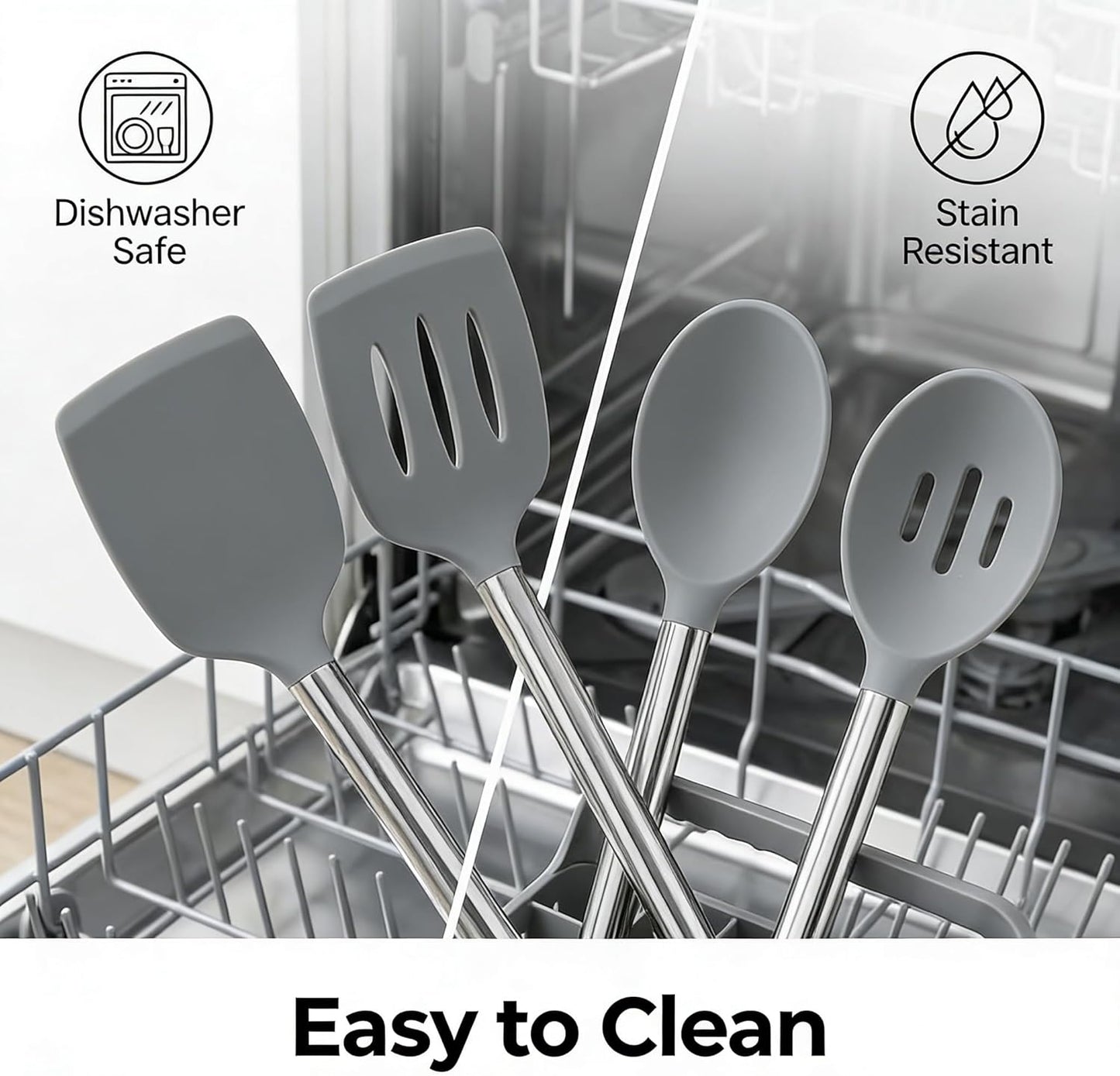 Vayvnt 4PCS Kitchen Utensils Set, Heat Resistant Silicone Utensils Set for Cooking, Non Scratch Spatula Spoons for Non Stick Pan, Large Kitchen Cooking Tools, Metal Long Handle&Dishwasher Safe, Blue