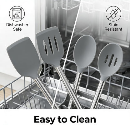 Vayvnt 4PCS Kitchen Utensils Set, Heat Resistant Silicone Utensils Set for Cooking, Non Scratch Spatula Spoons for Non Stick Pan, Large Kitchen Cooking Tools, Metal Long Handle&Dishwasher Safe, Blue