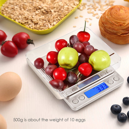 (Upgraded) AMIR Digital Kitchen Scale, 500g Mini Pocket Jewelry Scale, Food Scale, Coffee Scale, Back-Lit LCD Display, 2 Trays, 6 Units, Auto Off, Tare, PCS, Stainless Steel (Batteries Included)