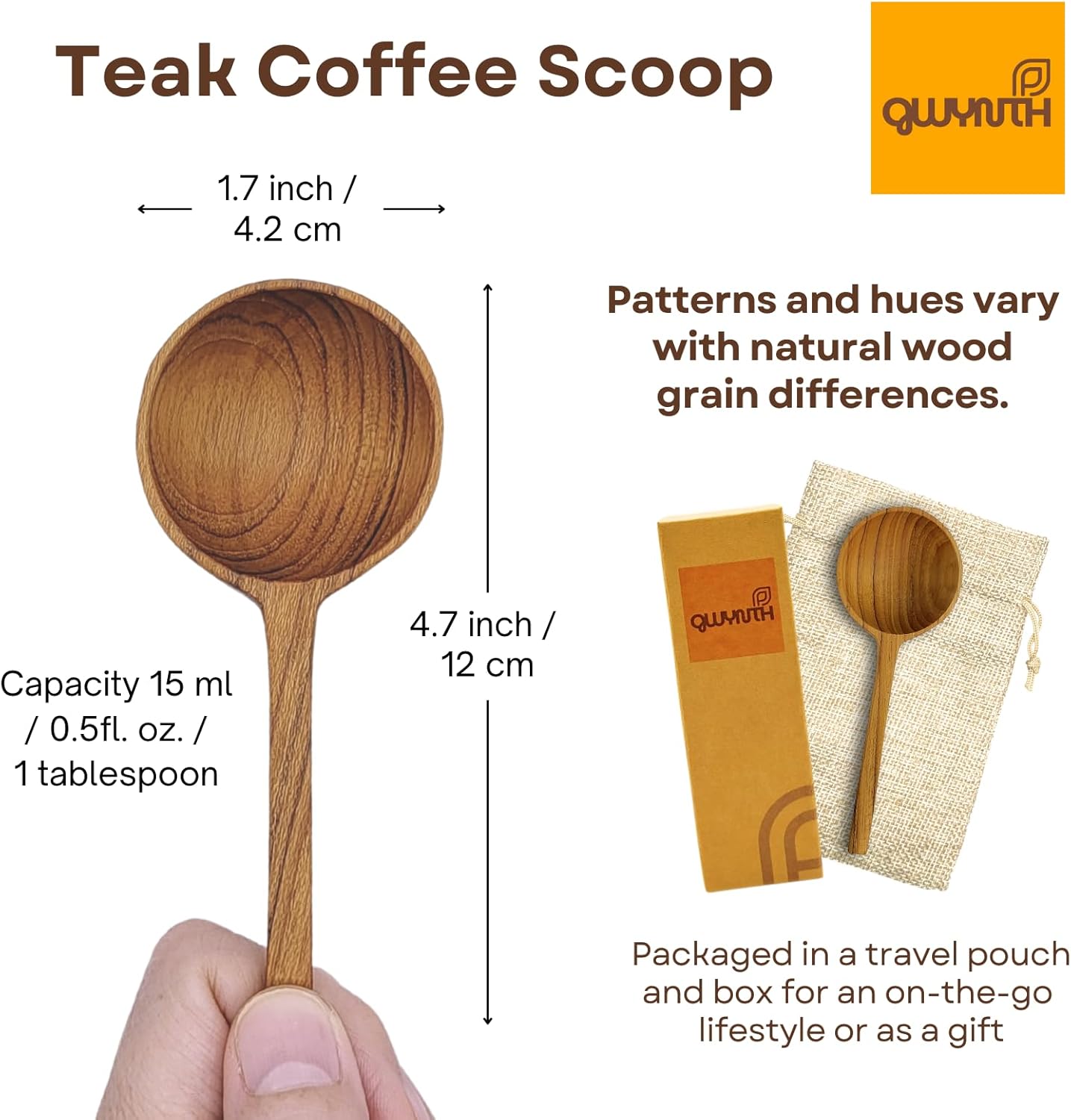 Wooden Coffee Spoon, Handmade Teak Wood Scoop for Ground Coffee, Beans and Tea 1 Tablespoon for Jars and Containers (1 Piece)