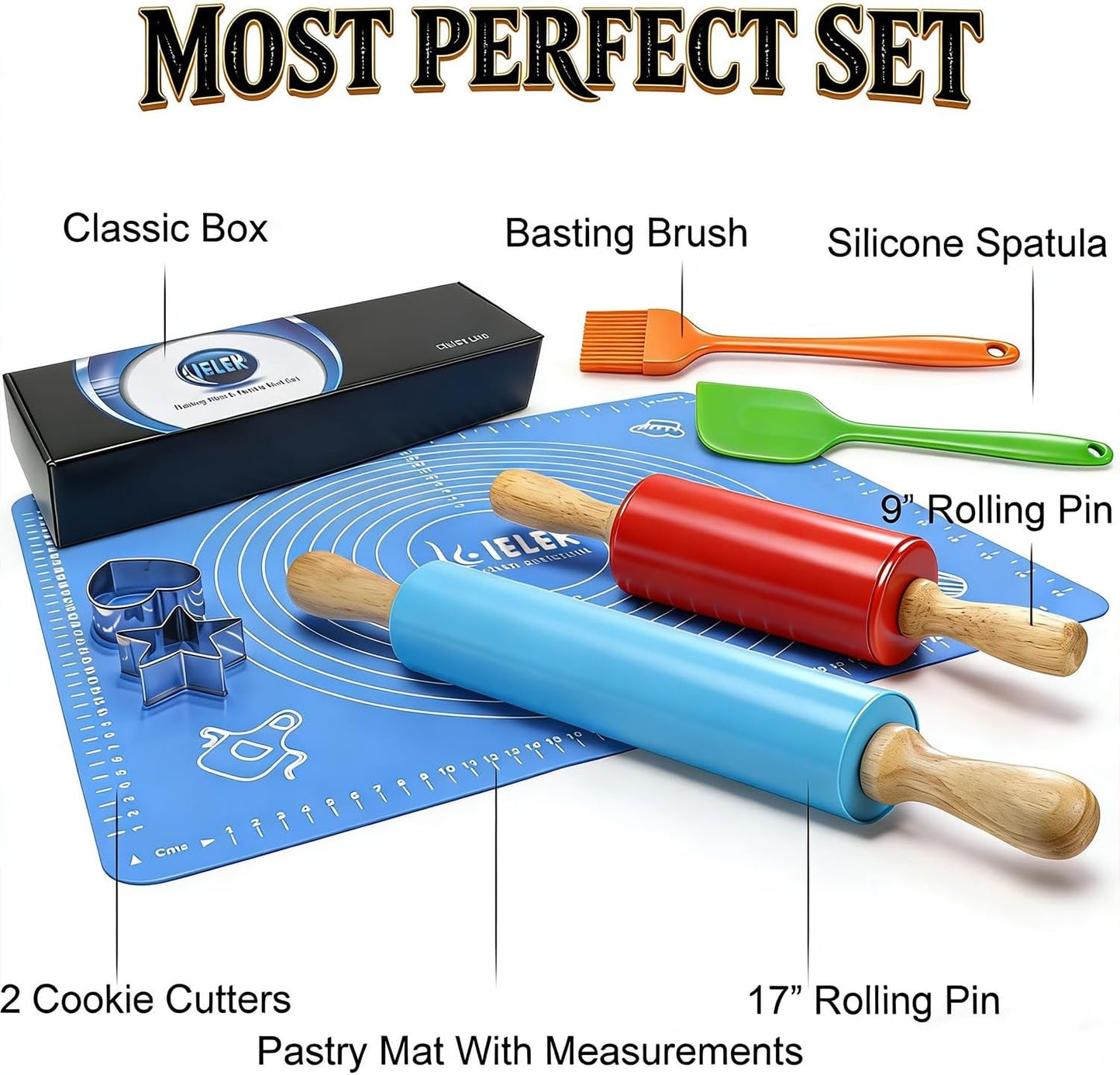 Non-Stick Rolling Pin Silicone Basting Pastry Mat Spatula Brushes Set:Combo Kit of Large and Small Dough Rollers and 2 Stainless Steel Cookie Cutters for Baking