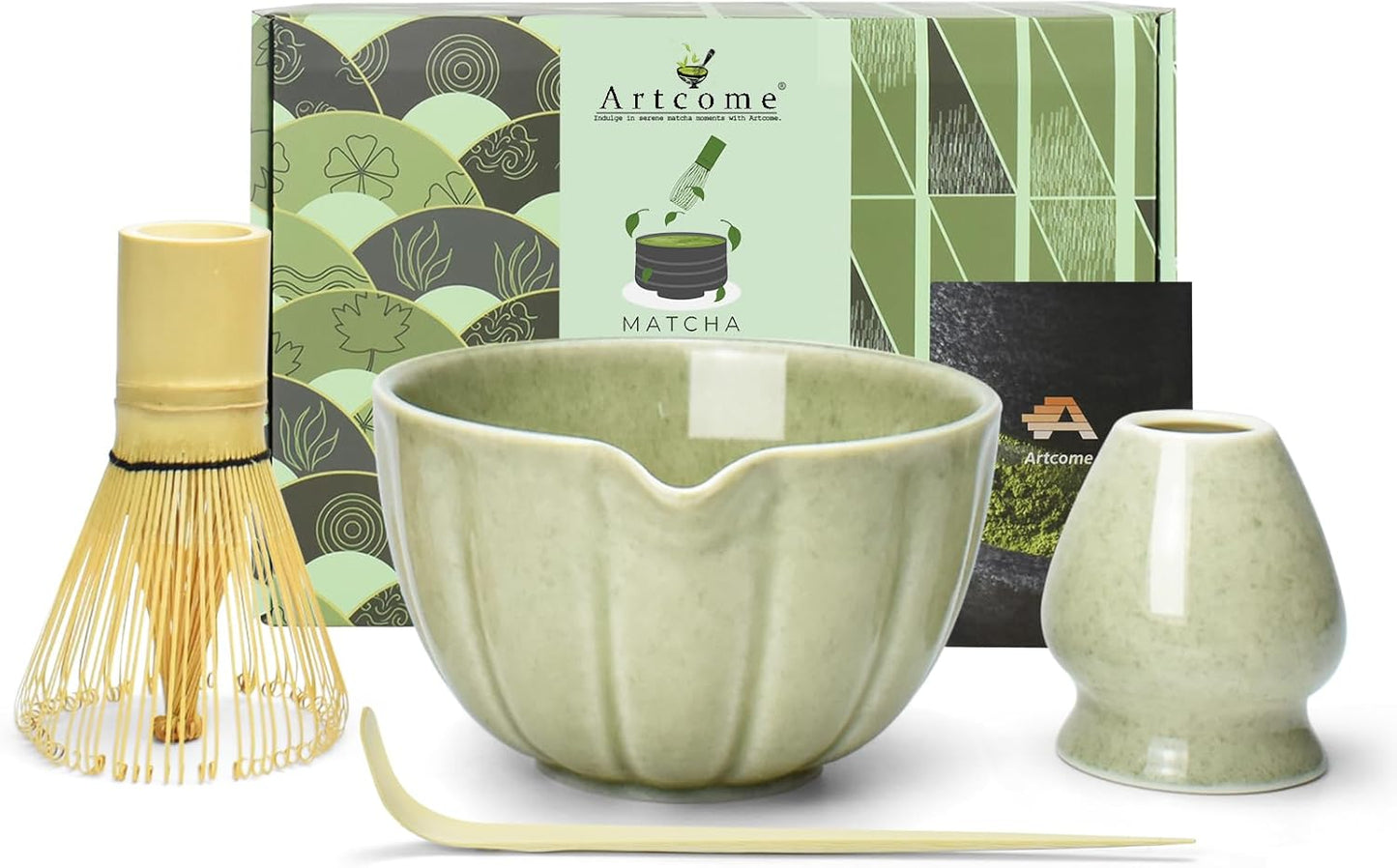 Artcome 4 Pcs Japanese Matcha Tea Set - Matcha Bowl with Pouring Spout, Matcha Whisk, Tea Scoop, Whisk Holder, Handmade Matcha Ceremony Kit For Japanese Tea Ceremony, Rose