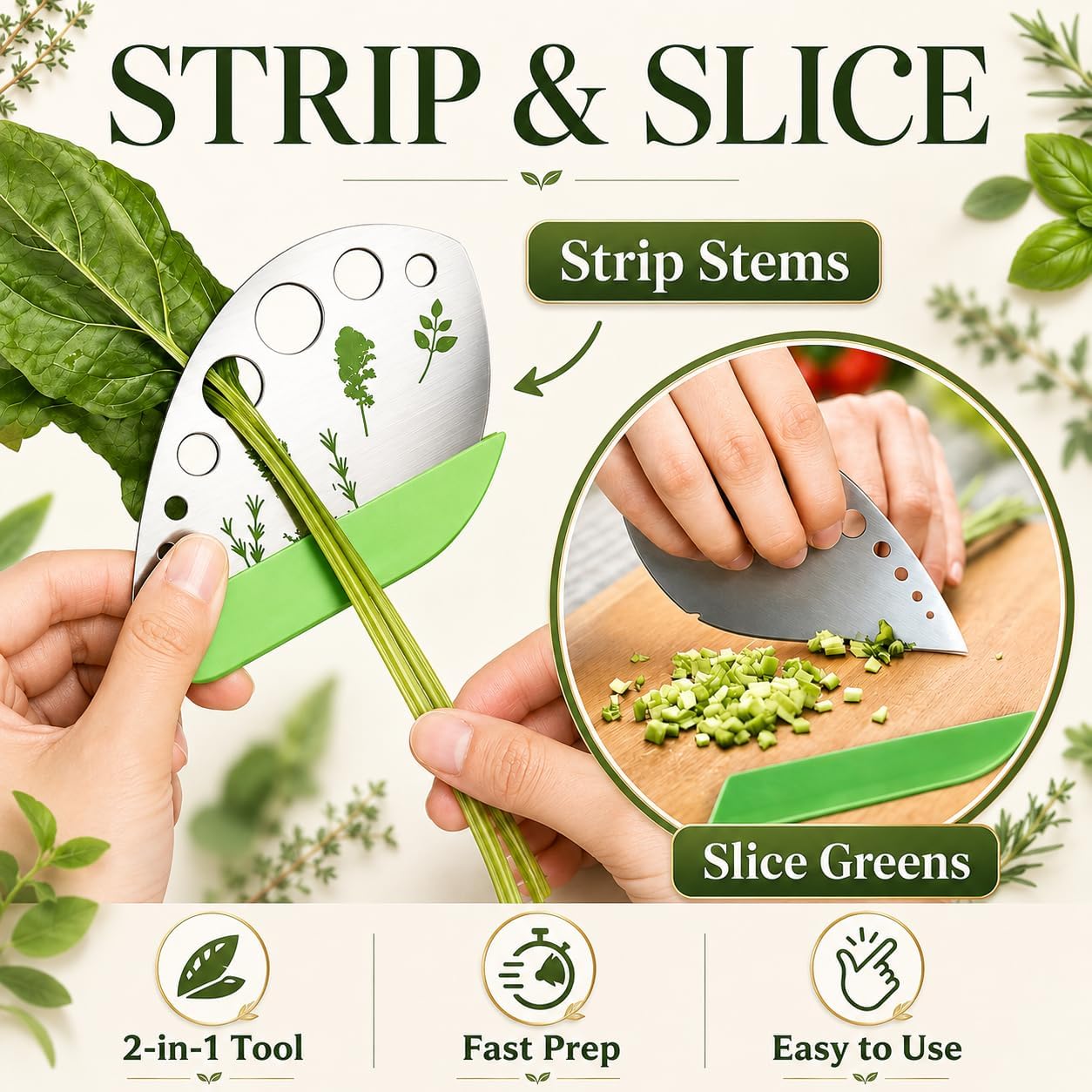 Stainless Steel Herb Stripper, 9-Hole Leaf Remover Tool for Kale, Thyme & Rosemary, Graduated Herb Stripping Tool with Protective Cover for Kitchen, Durable Metal Gadget for Greens