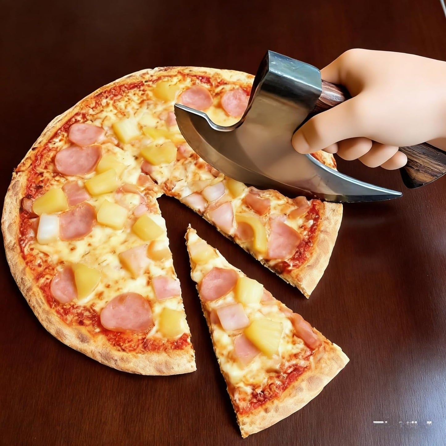 Pizza Cutter Chef Pizza Axe, Camping Knives Tools Mezzaluna Ulu Knife Viking Butcher Cleaver Super Steel Wooden Handle Sharp Rocker Slicer Stainless Steel Blade (walnut wood, 8.6inch)